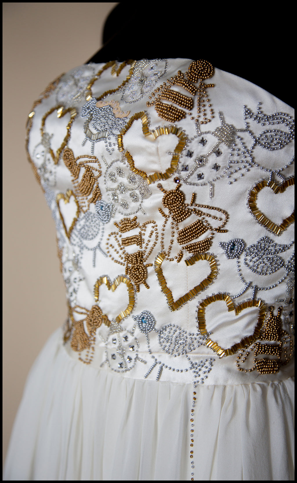 Hera - Gold Beaded Birds and Bees Silk Georgette Gown - S
