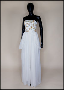 Hera - Gold Beaded Birds and Bees Silk Georgette Gown - S