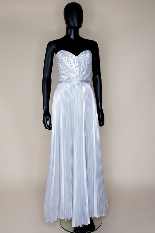 ivory metallic pleated strapless one of a kind wedding gown by Alexandra King