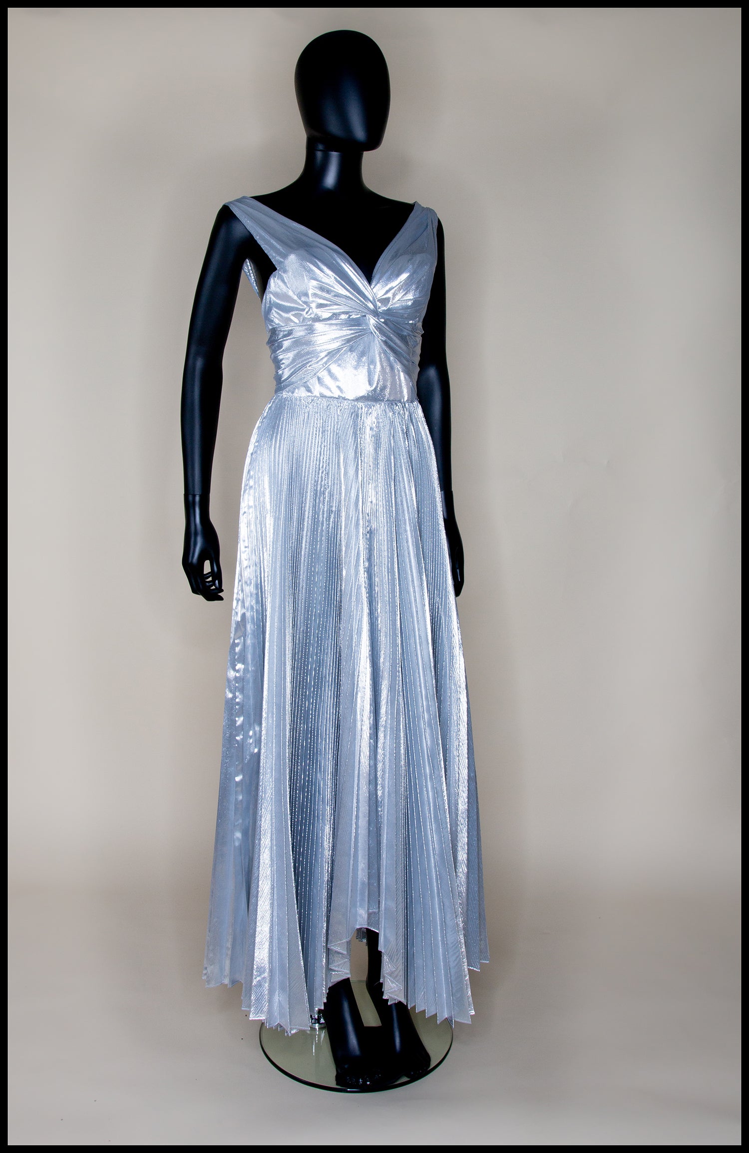 silver lame metallic pleated gown designed by alexandra king