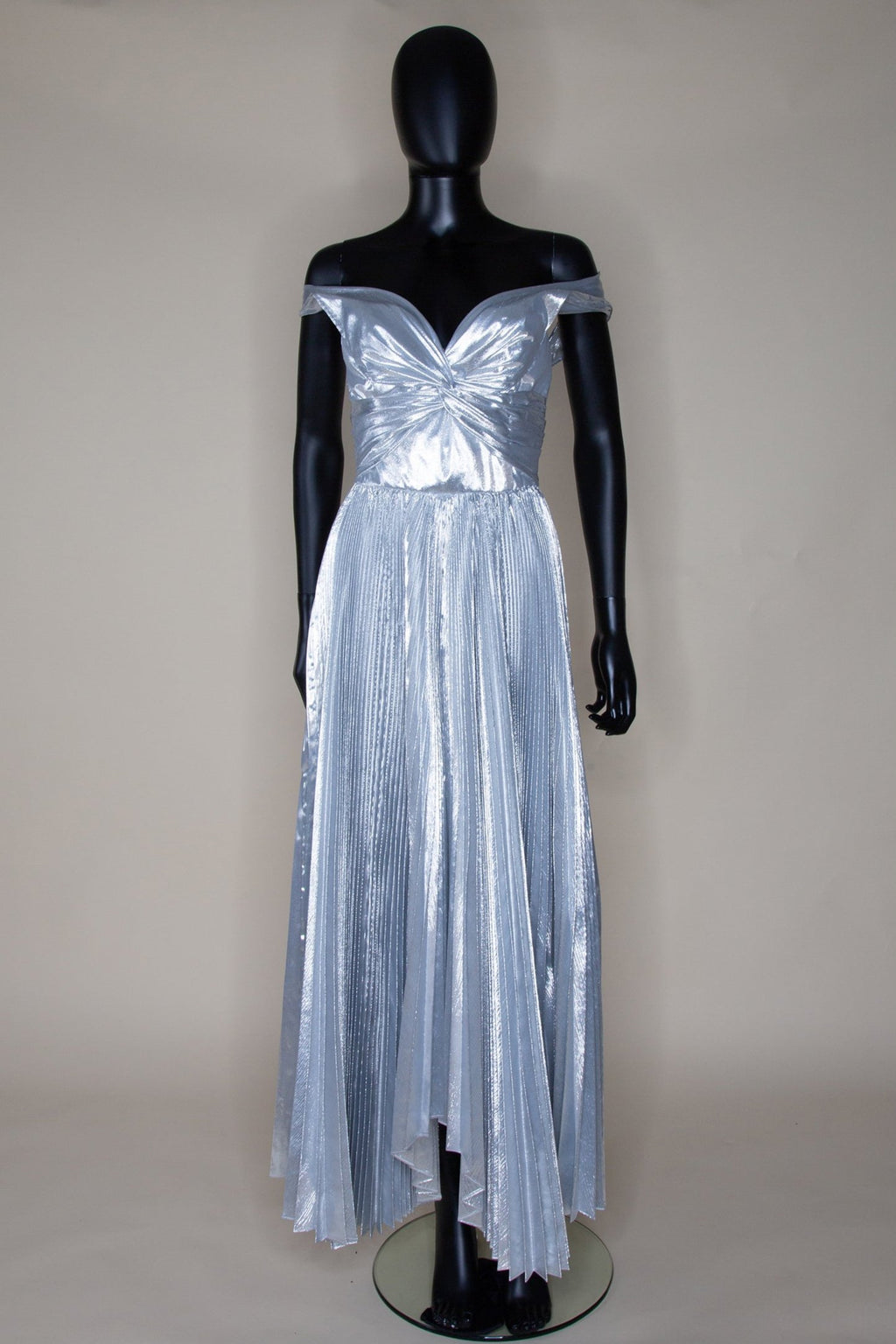 silver metallic lame pleated old hollywood maxi dress by Alexandra King