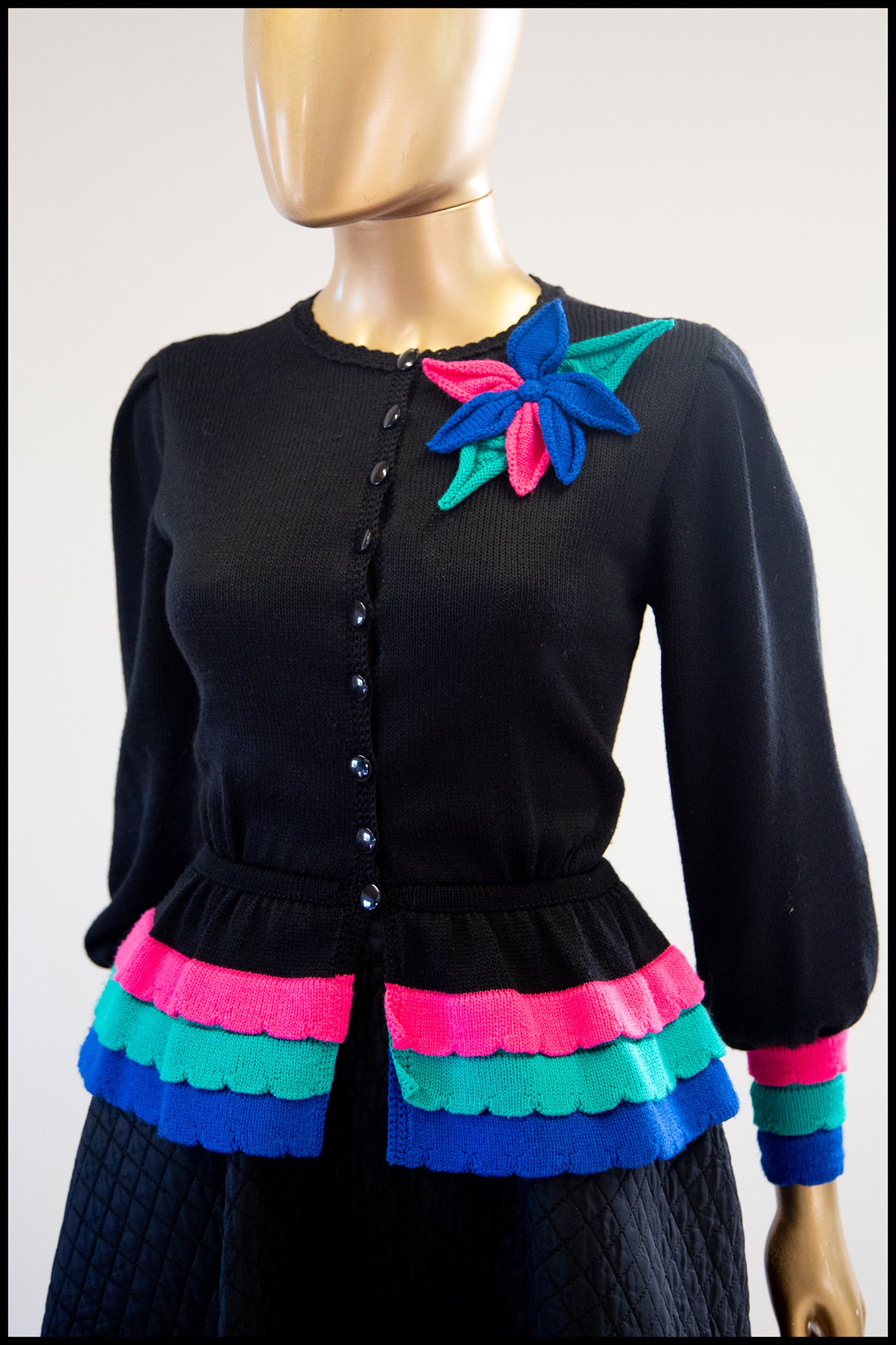 Vintage 1980s Black Peplum Hand Knit Cardigan