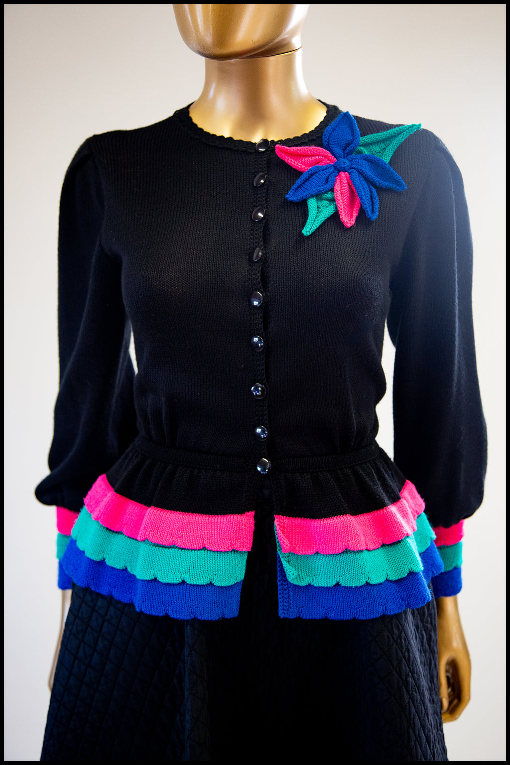 Vintage 1980s Black Peplum Hand Knit Cardigan