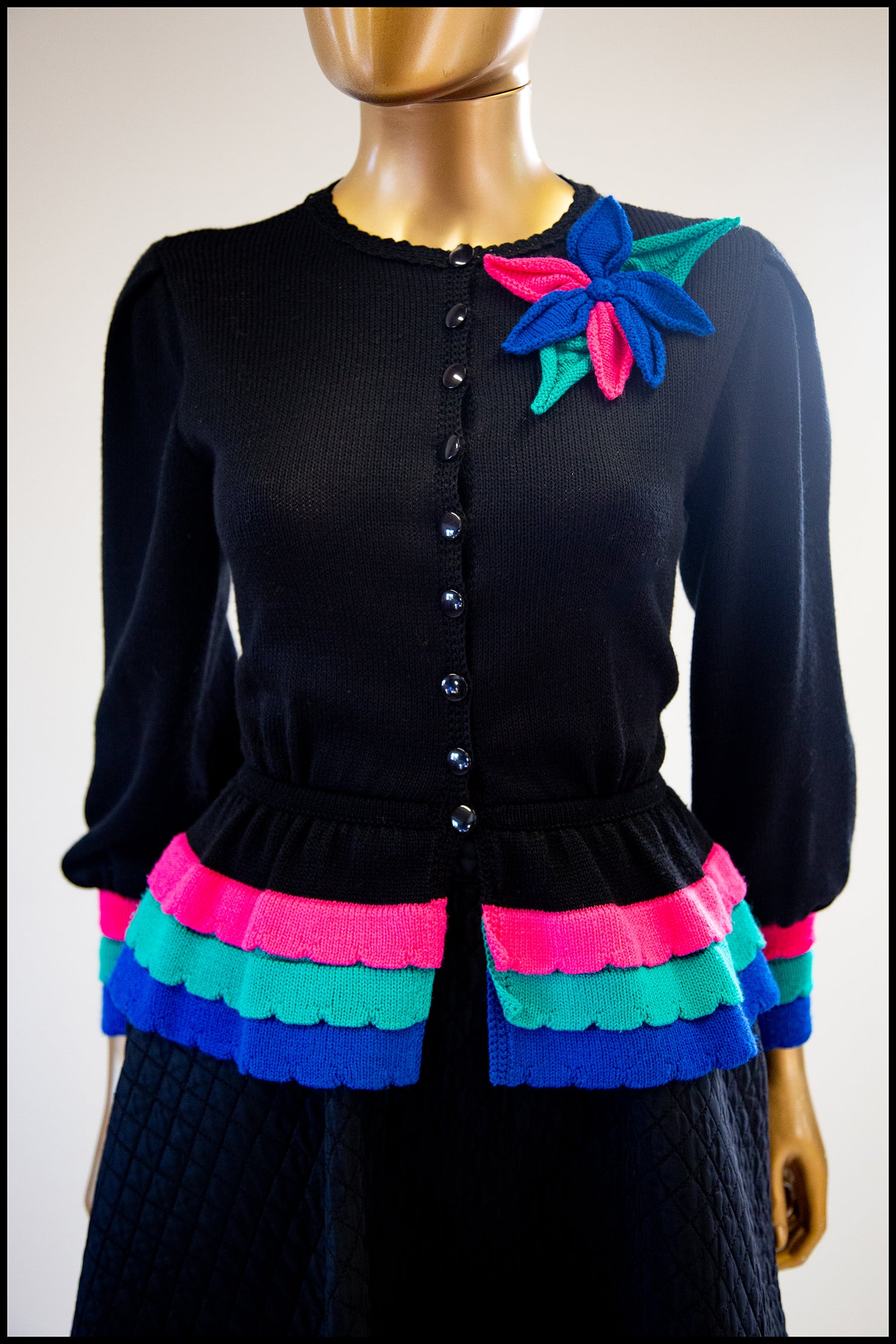 Vintage 1980s Black Peplum Hand Knit Cardigan
