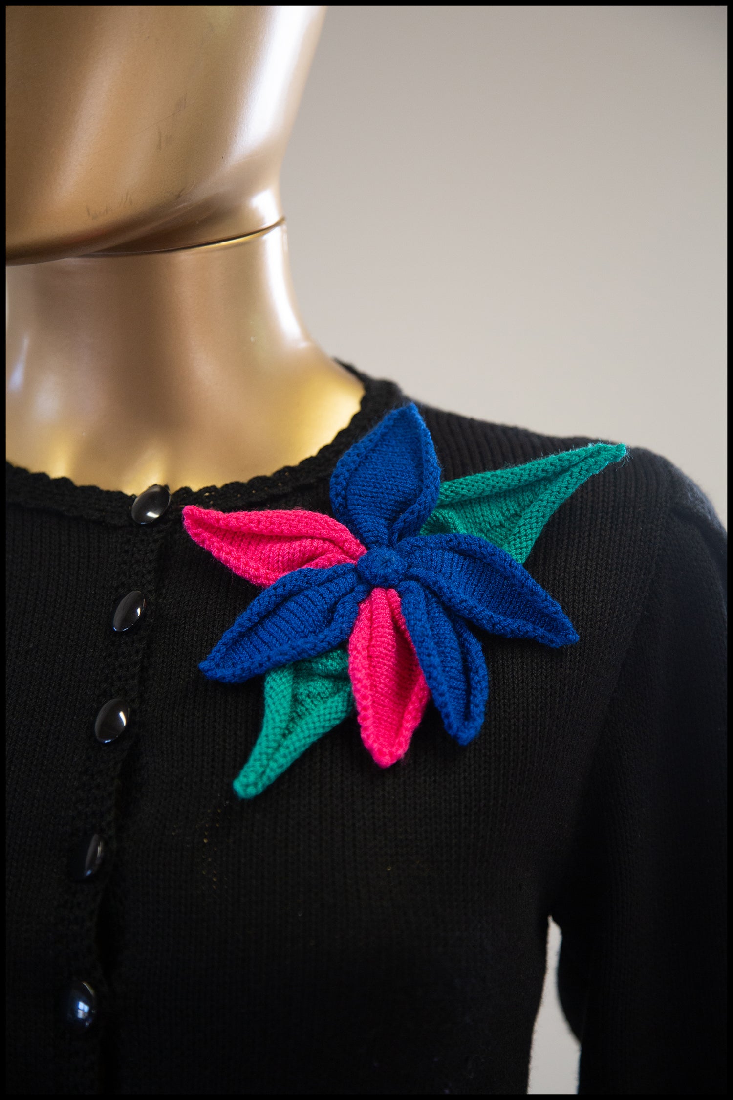Vintage 1980s Black Peplum Hand Knit Cardigan
