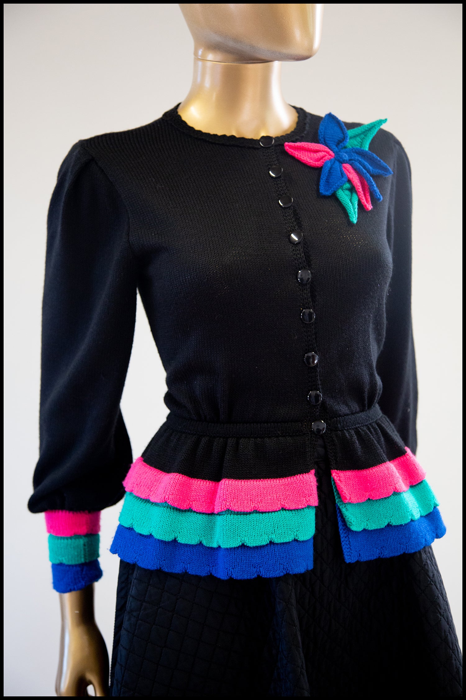 Vintage 1980s Black Peplum Hand Knit Cardigan