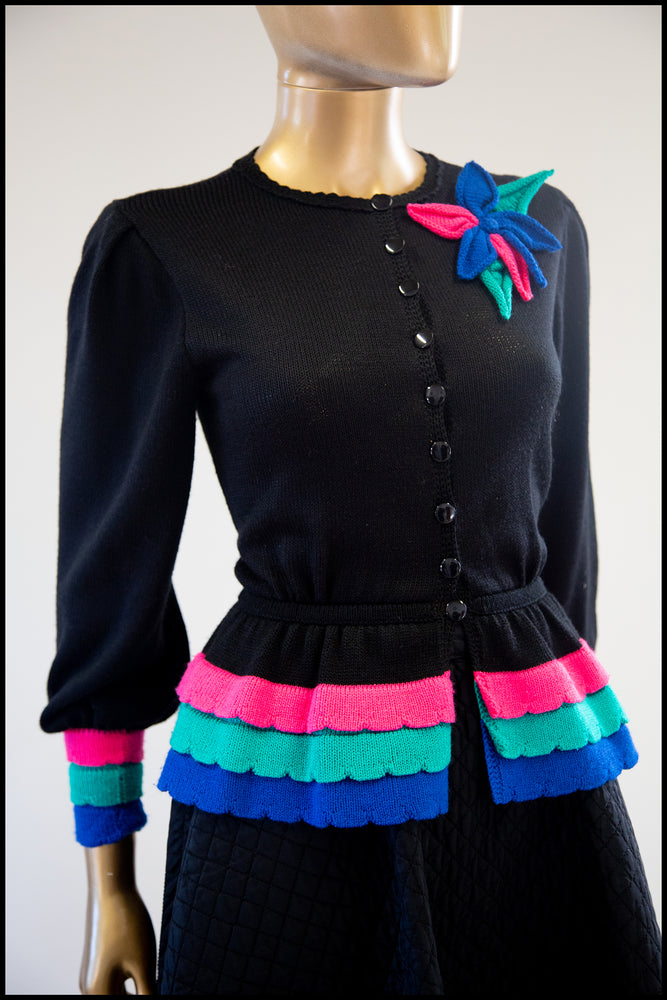 Vintage 1980s Black Peplum Hand Knit Cardigan
