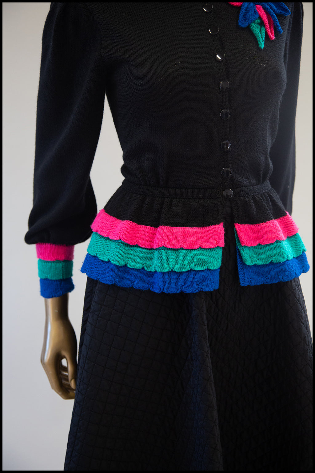 Vintage 1980s Black Peplum Hand Knit Cardigan