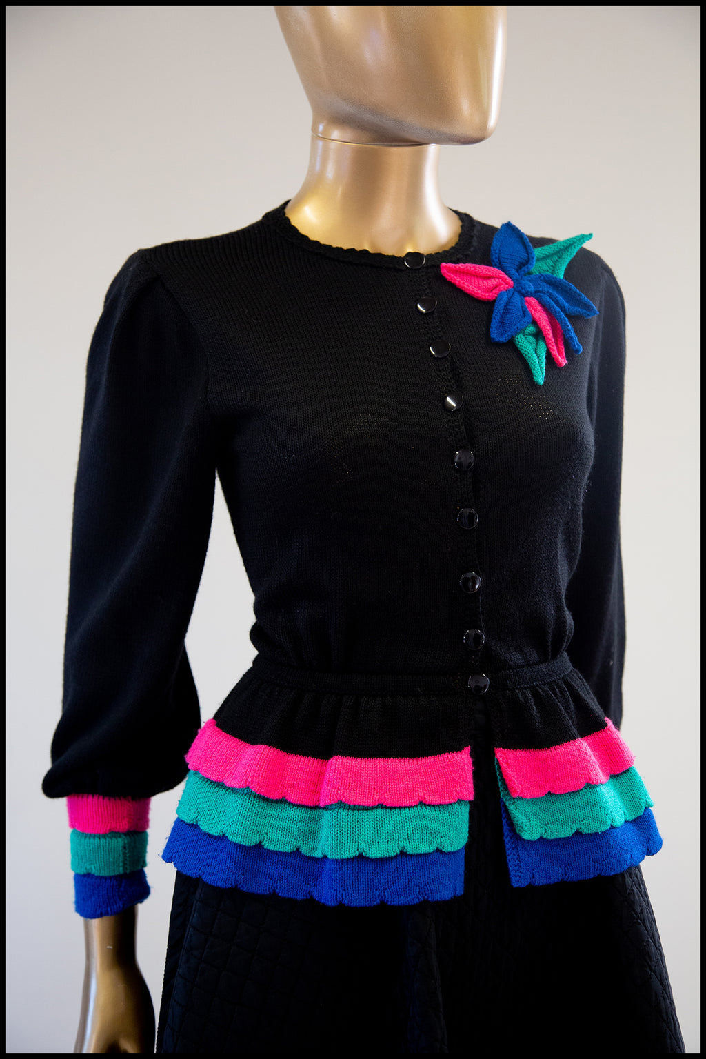 Vintage 1980s Black Peplum Hand Knit Cardigan