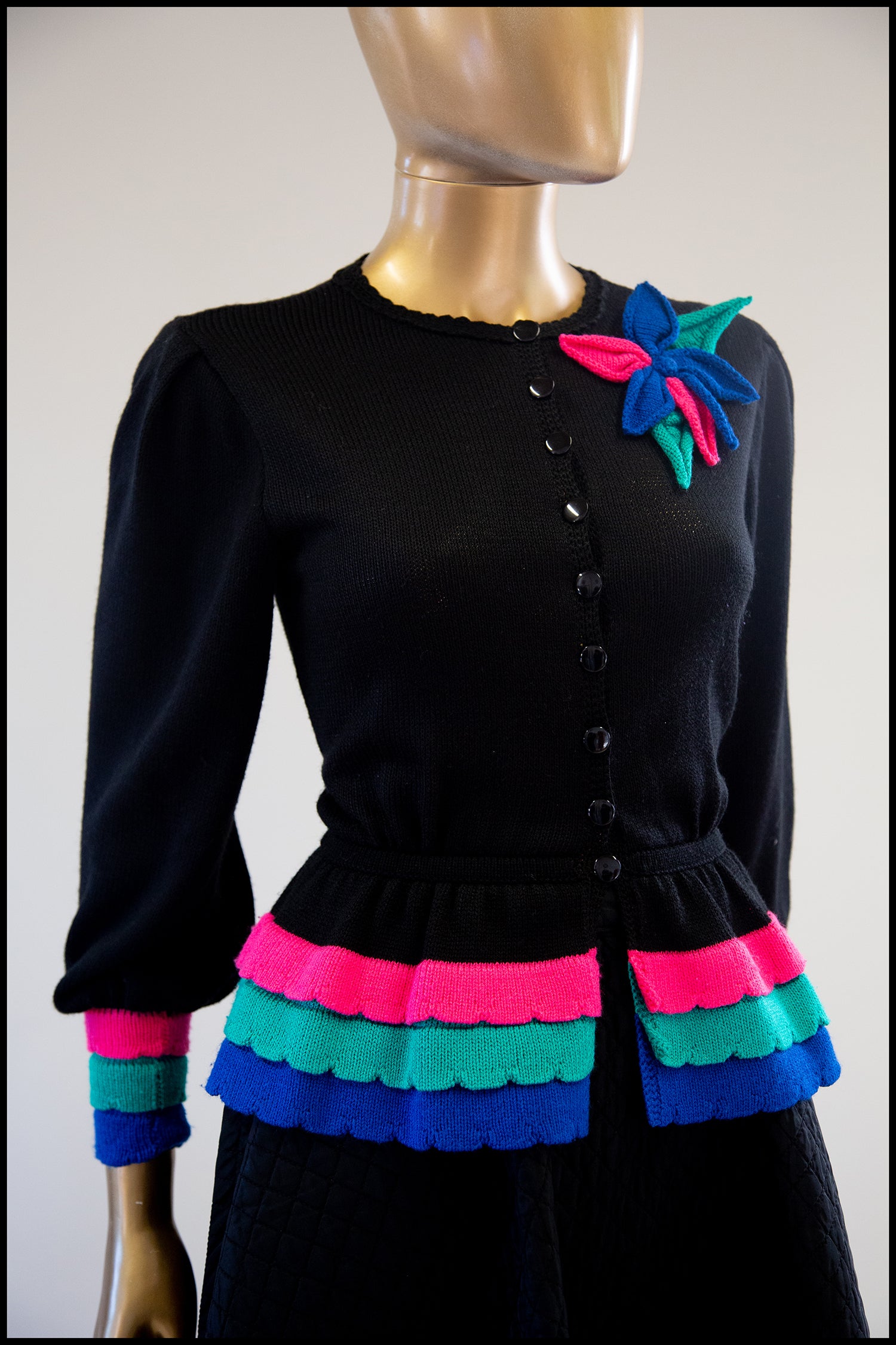 Vintage 1980s Black Peplum Hand Knit Cardigan