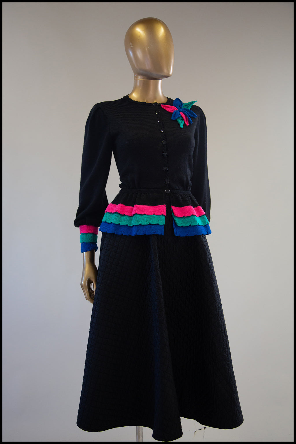 Vintage 1980s Black Peplum Hand Knit Cardigan
