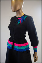 Vintage 1980s Black Peplum Hand Knit Cardigan