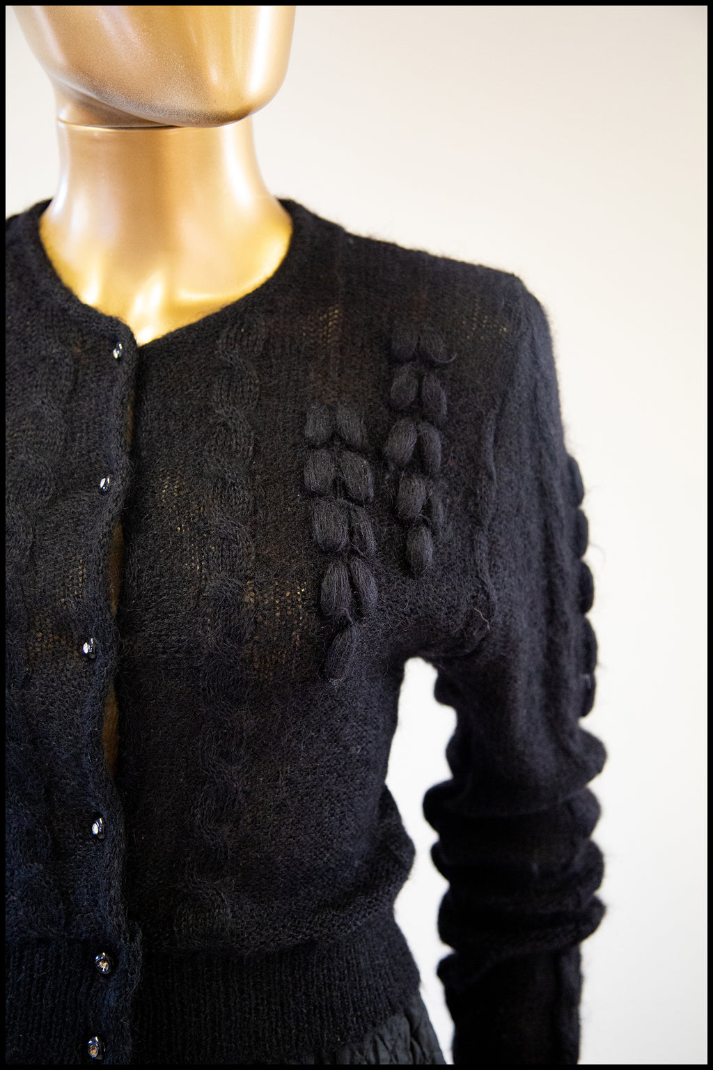 Vintage 1980s Black Mohair Hand Knit Cardigan