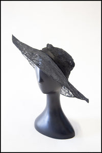 Vintage 1930s Wide Brim Black Lace Hat