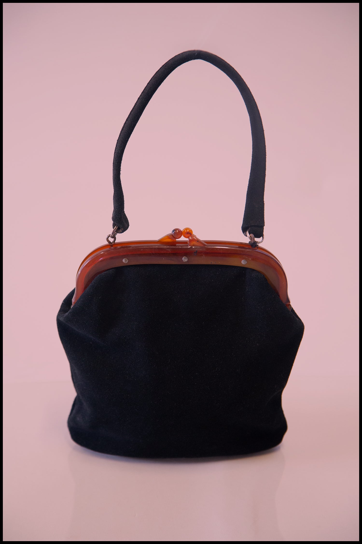 Vintage 1940s Black Suede Hand Bag