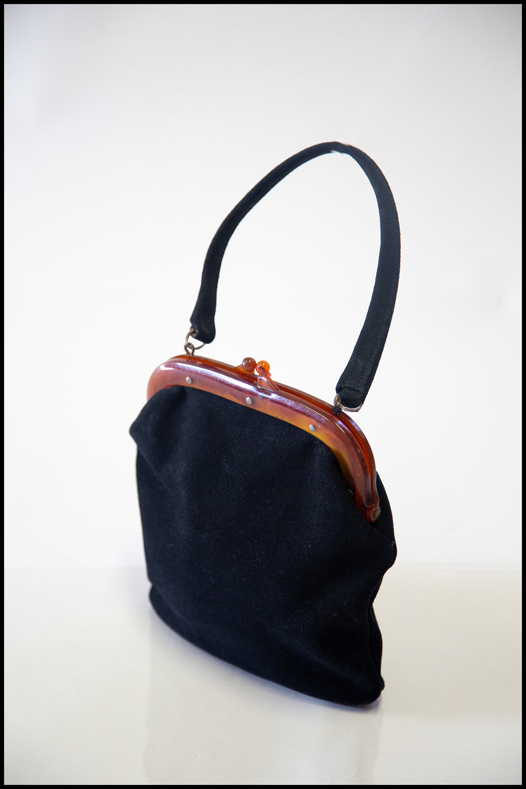 Vintage 1940s Black Suede Hand Bag