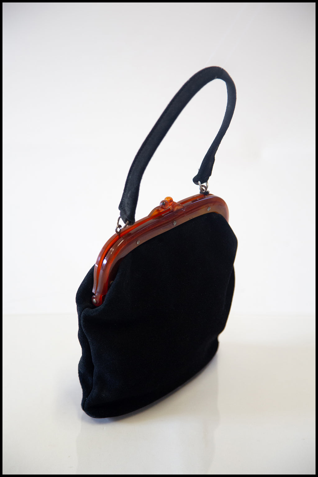 Vintage 1940s Black Suede Hand Bag
