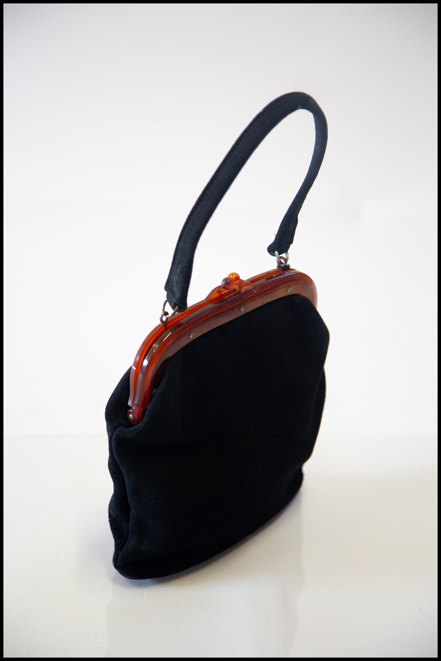 Vintage 1940s Black Suede Hand Bag