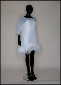 Clara - Beaded Silk Georgette Mini Dress with Ostrich Feather Hem - S