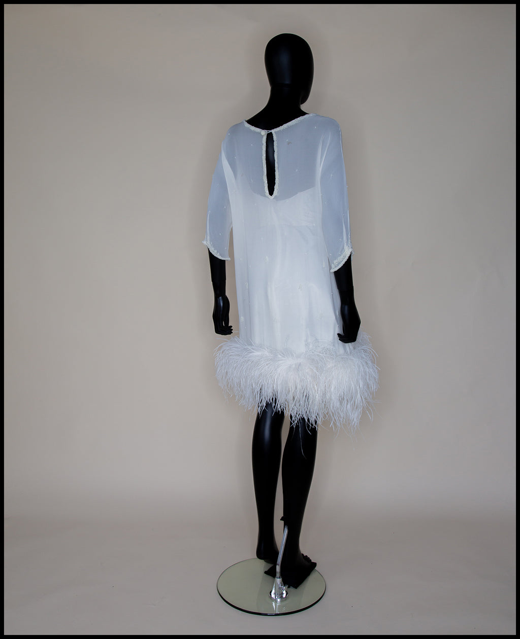 Clara - Beaded Silk Georgette Mini Dress with Ostrich Feather Hem - S