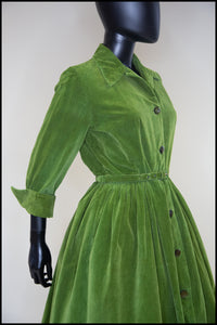 Vintage 1950s Green Corduroy Shirt Dress