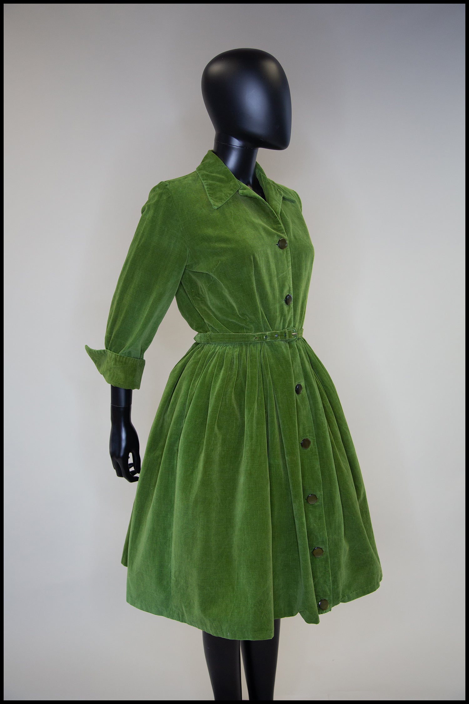 Vintage 1950s Green Corduroy Shirt Dress