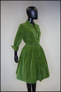 Vintage 1950s Green Corduroy Shirt Dress