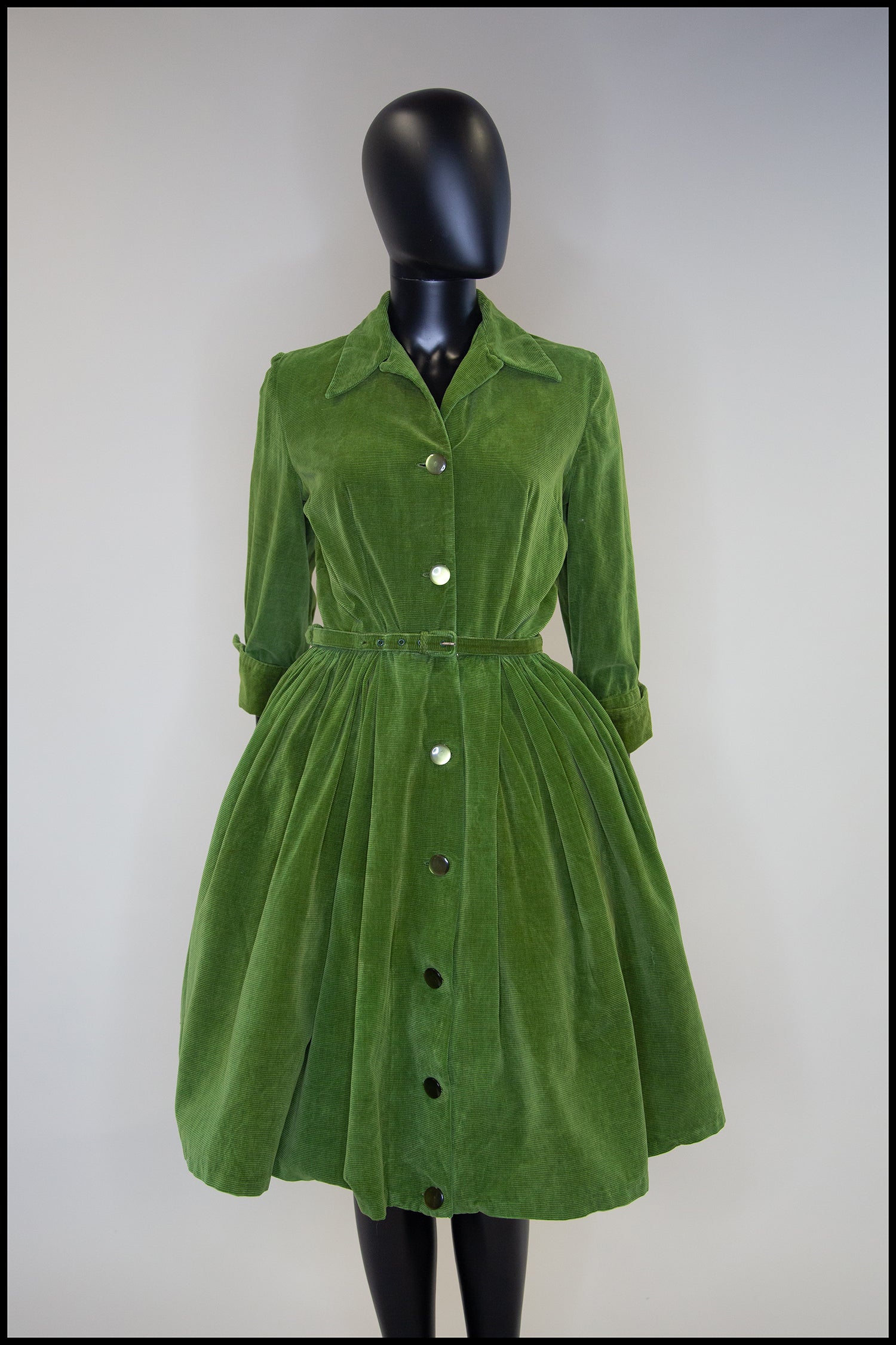Vintage 1950s Green Corduroy Shirt Dress