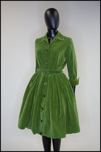 Vintage 1950s Green Corduroy Shirt Dress