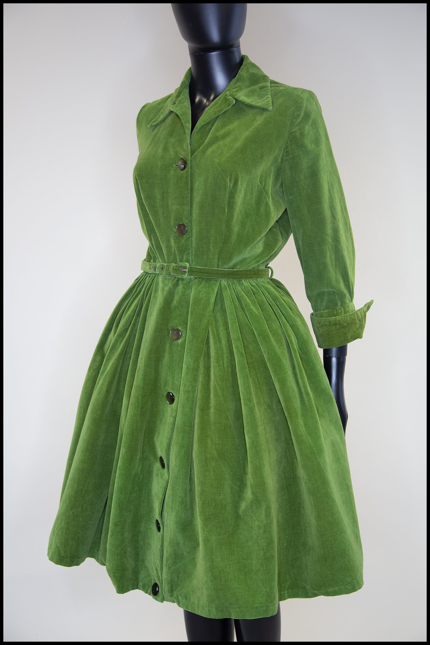 Vintage 1950s Green Corduroy Shirt Dress