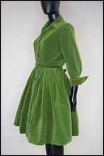 Vintage 1950s Green Corduroy Shirt Dress