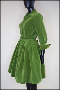 Vintage 1950s Green Corduroy Shirt Dress