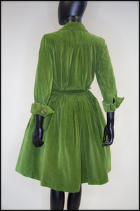 Vintage 1950s Green Corduroy Shirt Dress