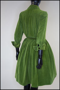 Vintage 1950s Green Corduroy Shirt Dress