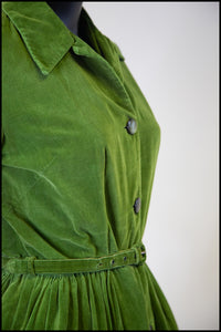 Vintage 1950s Green Corduroy Shirt Dress