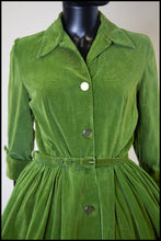 Vintage 1950s Green Corduroy Shirt Dress