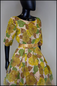 Vintage 1950s Yellow and Green Floral Dress