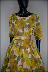 Vintage 1950s Yellow and Green Floral Dress