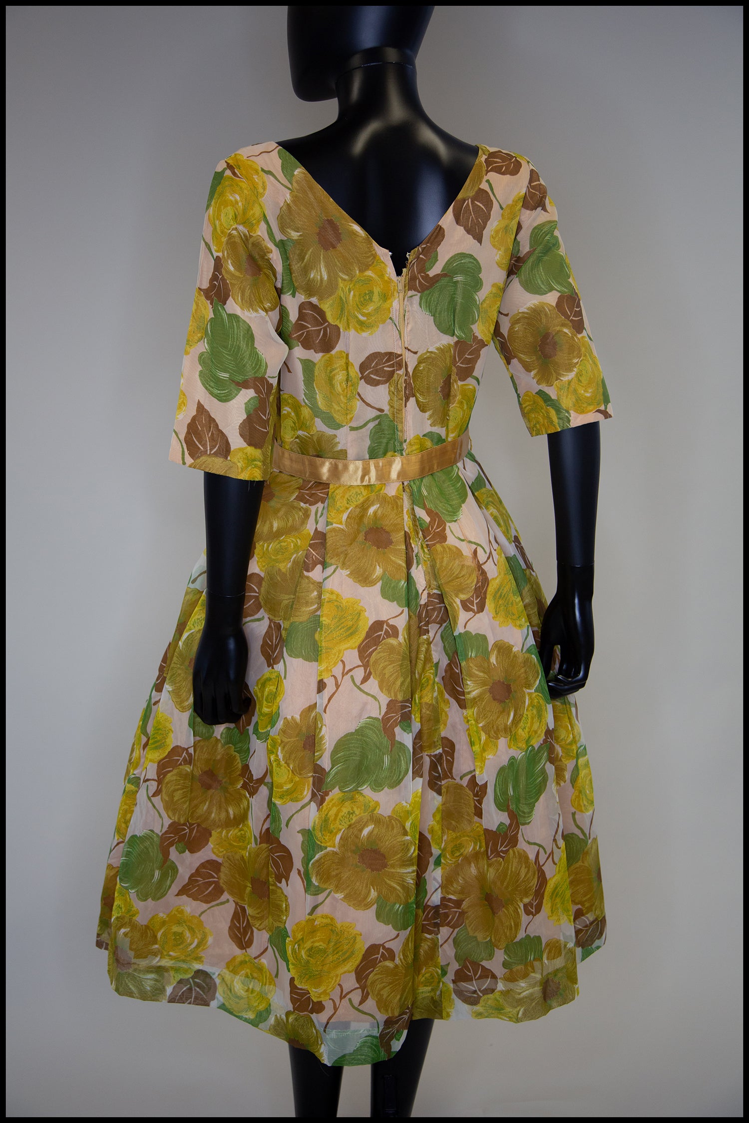 Vintage 1950s Yellow and Green Floral Dress