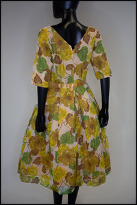 Vintage 1950s Yellow and Green Floral Dress
