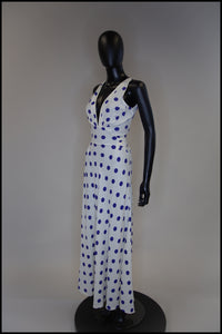 Vintage 1980s Blue Polka Dot Bias Cut Dress