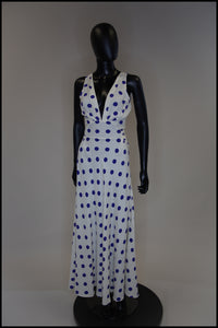 Vintage 1980s Blue Polka Dot Bias Cut Dress