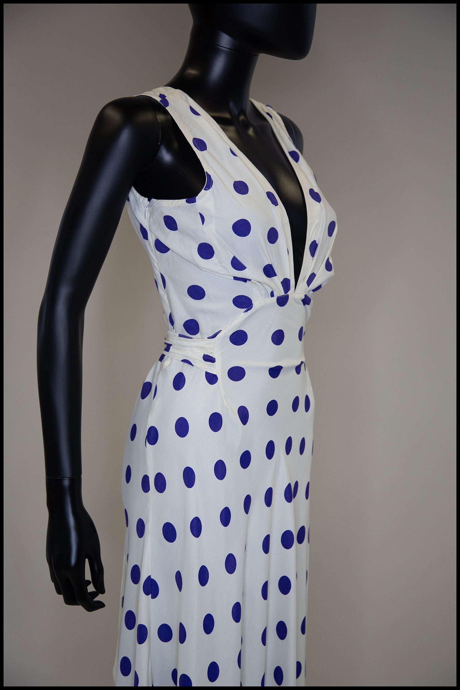 Vintage 1980s Blue Polka Dot Bias Cut Dress
