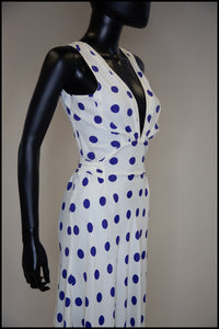Vintage 1980s Blue Polka Dot Bias Cut Dress
