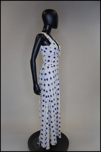 Vintage 1980s Blue Polka Dot Bias Cut Dress