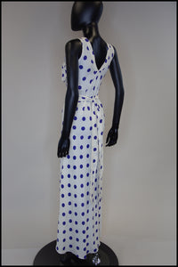 Vintage 1980s Blue Polka Dot Bias Cut Dress