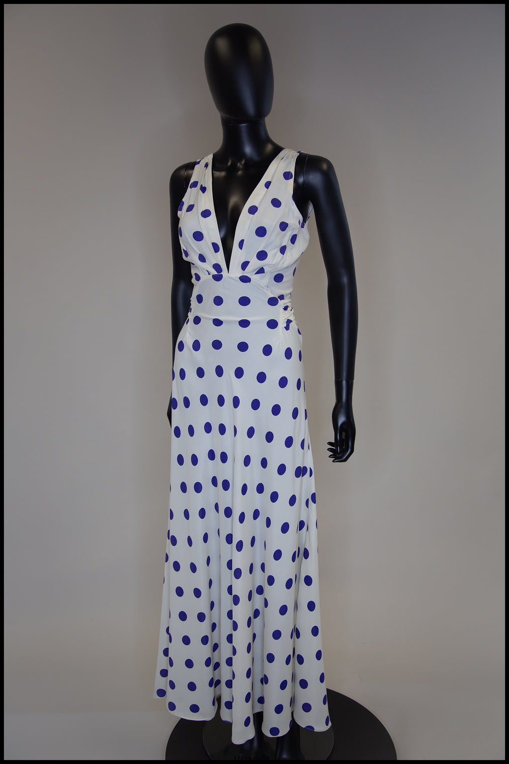 Vintage 1980s Blue Polka Dot Bias Cut Dress