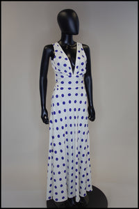 Vintage 1980s Blue Polka Dot Bias Cut Dress