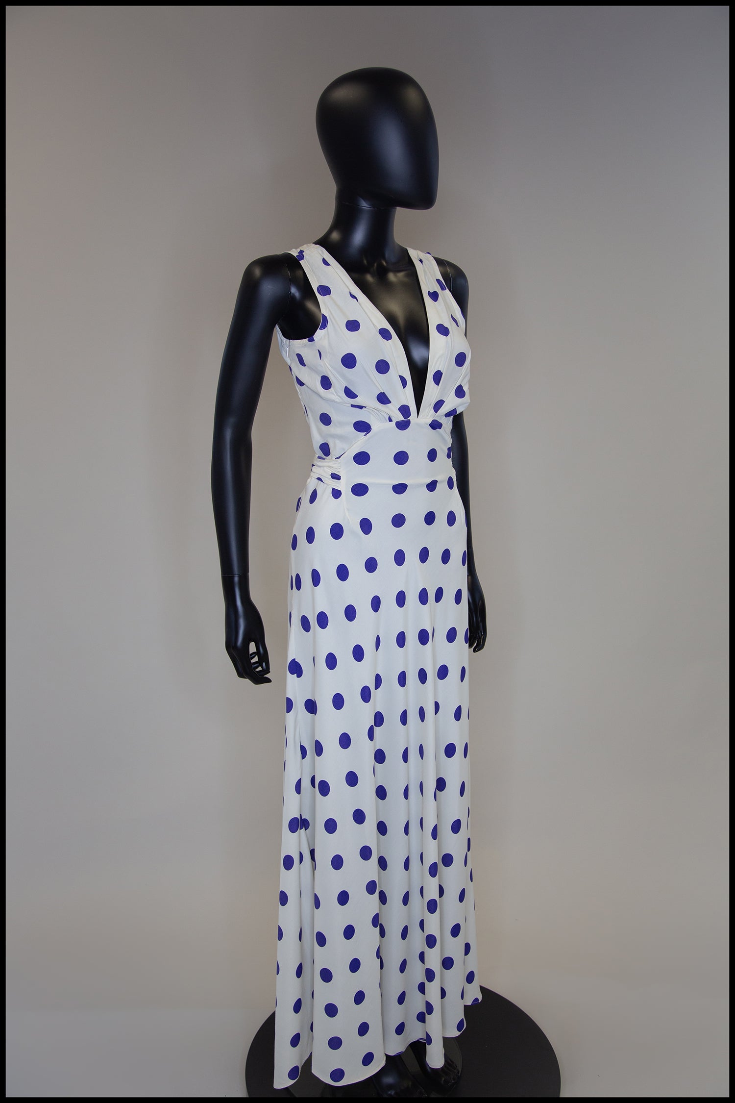 Vintage 1980s Blue Polka Dot Bias Cut Dress