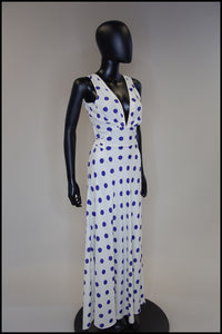 Vintage 1980s Blue Polka Dot Bias Cut Dress